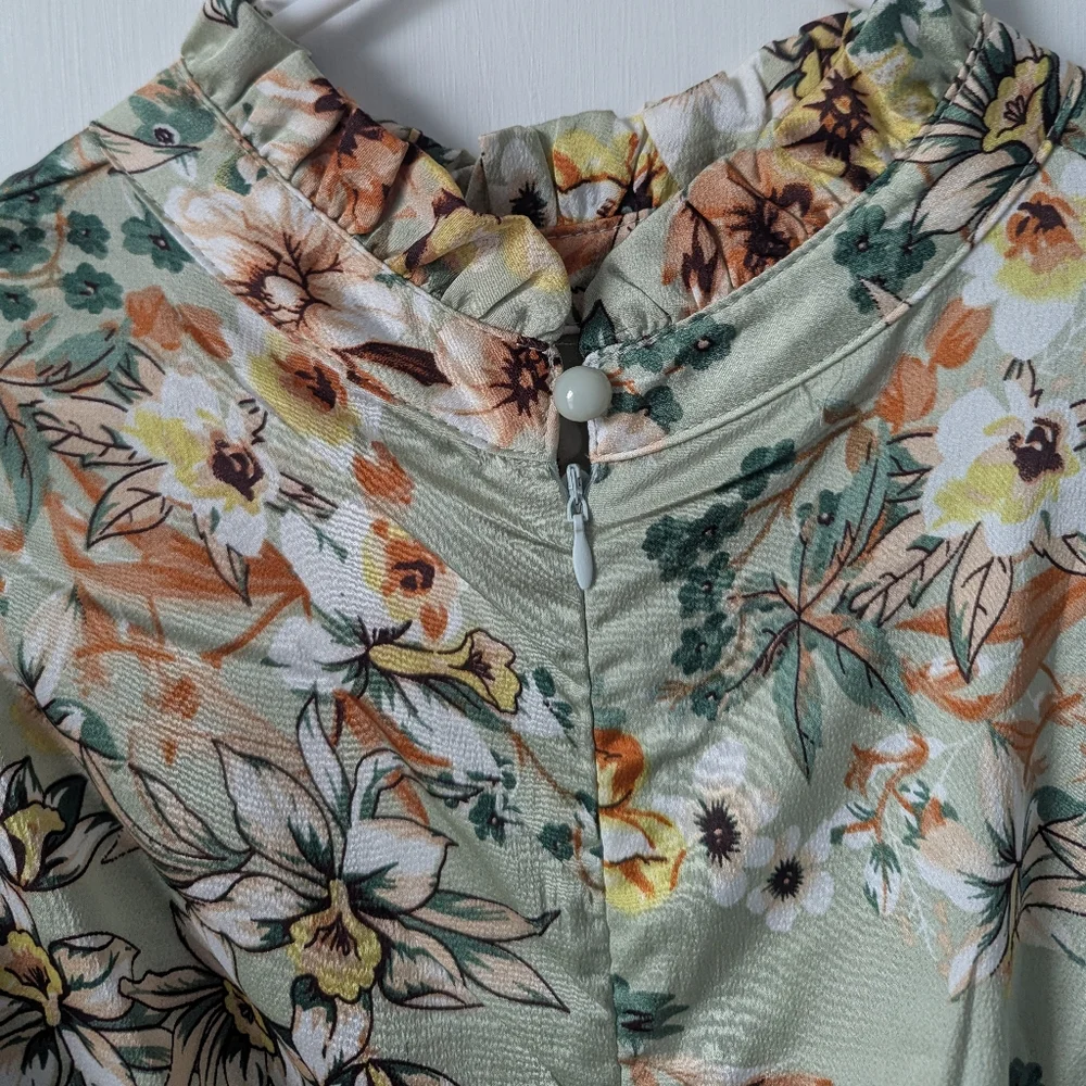 Floral Print High Neck Ruched Midi Dress Sage Green Fairycore Size 4 Boohoo - Picture 8 of 13